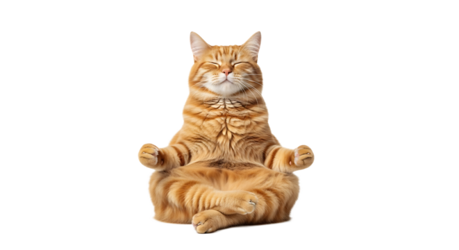 A calm ginger cat sits in a meditative pose, eyes closed, paws up, radiating tranquility on a transparent background.