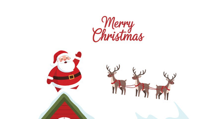 Fototapeta premium Santa claus waving from a snowy rooftop with his reindeer sleigh flying in the background