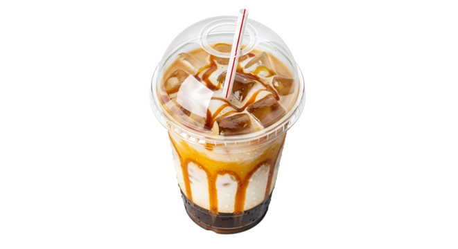 A delectable iced coffee with a clear plastic cup and straw, perfect for a refreshing summer treat. Delicious looking!