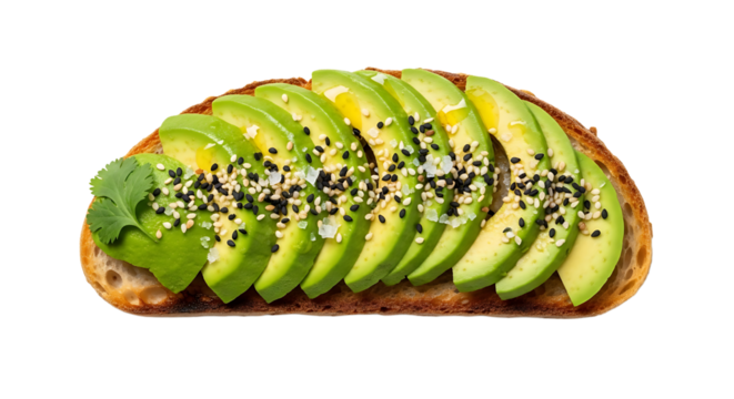 A visually appealing avocado toast featuring sliced avocado, cilantro, and sesame seeds, presenting a healthy meal idea.