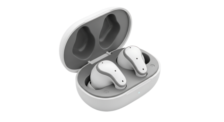 Wireless earbuds in a charging case, offering a sleek, modern design and convenient portability for enjoying music.