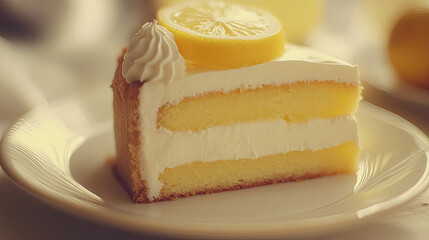 Delicious lemon cake slice with creamy frosting and lemon slice on top, perfect for dessert lovers. This sweet treat is ideal for celebrations and gatherings