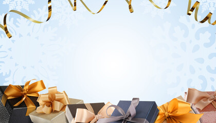 Christmas and New Year greeting card. Gift boxes and streamers on background with snowflakes
