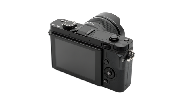 A sleek black digital camera angles upwards, showcasing its LCD screen, lens, and various control buttons on top, back, and sides.