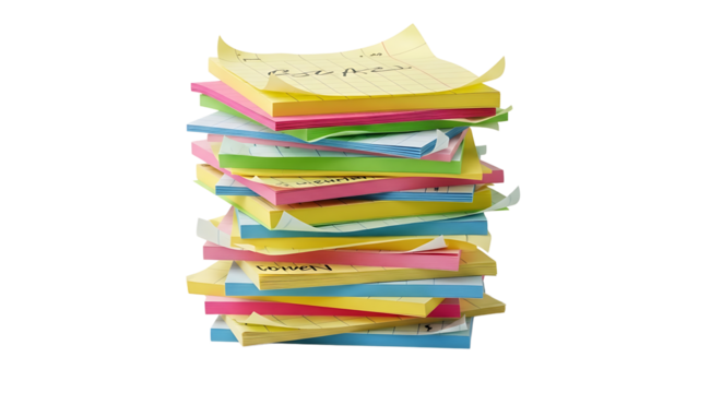 Towering stack of vibrant sticky notes, reminders, and tasks organized in a colorful, vertical display on a plain backdrop.