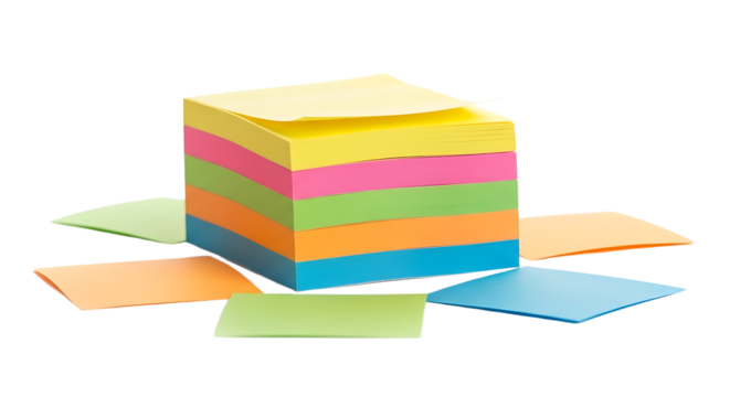 Stack of vibrant sticky notes in various colors, perfect for reminders, brainstorming, and organization in workspace.