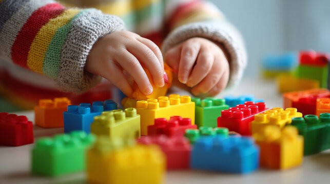 The toddler enjoys building with bright construction blocks. Early learning and development concept. Striped background