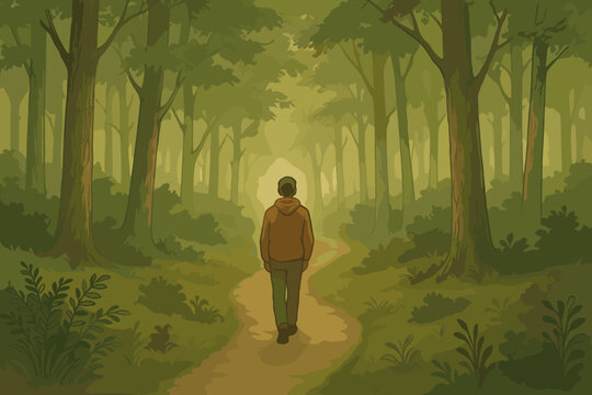 A person wearing a brown hoodie walks alone on a windy path through a dense green forest.