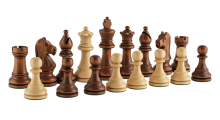 An assortment of light and dark wooden chess pieces, from pawns to the king, posed close together on a plain surface.
