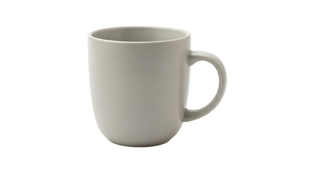 Elevated view of a matte pale-grey mug with rounded handle, against a stark transparent background. Simple and contemporary.