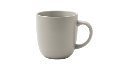 Elevated view of a matte pale-grey mug with rounded handle, against a stark transparent background. Simple and contemporary.