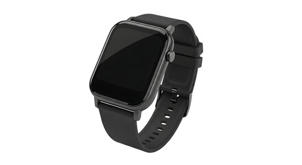 Fototapeta premium A sleek, modern smartwatch with a black band and a clean, minimalist design isolated on a black studio backdrop.