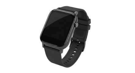 A sleek, modern smartwatch with a black band and a clean, minimalist design isolated on a black studio backdrop.