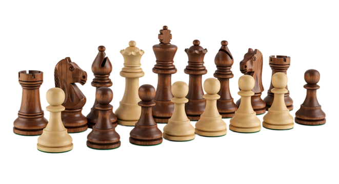 An assortment of light and dark wooden chess pieces, from pawns to the king, posed close together on a plain surface.