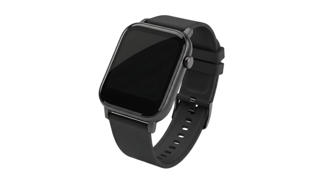 A sleek, modern smartwatch with a black band and a clean, minimalist design isolated on a black studio backdrop.