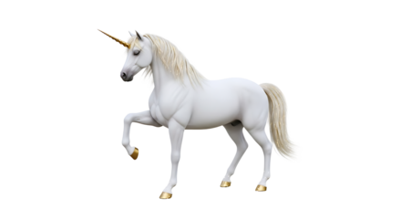 Majestic unicorn prancing in the shadows, with a gleaming golden horn, an ethereal embodiment of purity & grace.