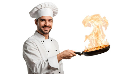 Smiling chef skillfully flips food on a frying pan, causing flames to erupt in the air. Culinary magic in action.