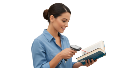 Focused woman scans a barcode in a book with a handheld scanner, bright shirt, professional hair bun, and neutral setting.