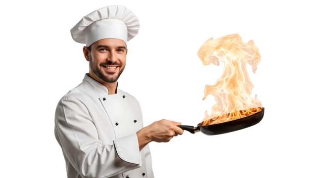 Smiling chef skillfully flips food on a frying pan, causing flames to erupt in the air. Culinary magic in action.