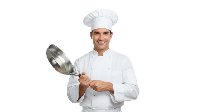 A smiling chef in a professional uniform holds a cooking pan, ready to prepare a delicious meal with care and skill. - Powered by Adobe