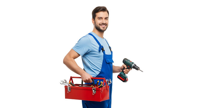 Smiling handyman ready to work with a drill in one hand and toolbox in other, offering reliable service. 