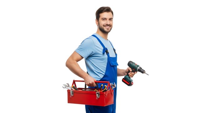 Smiling handyman ready to work with a drill in one hand and toolbox in other, offering reliable service. 
