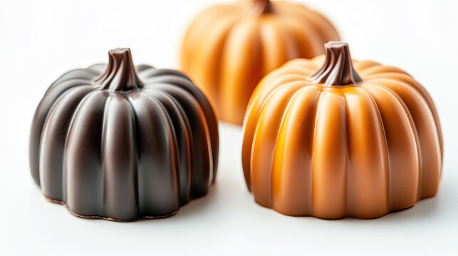 Chocolate pumpkin shaped candies in orange and black colors, perfect for festive occasions. These delightful treats add playful touch to any celebration - Powered by Adobe
