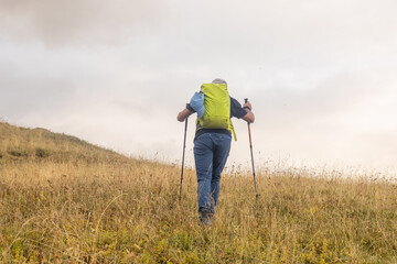 Man hiking uphill with a backpack and trekking poles
