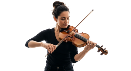 A poised woman, hair in a bun, gently playing a light brown violin. Her attention is fully immersed in the music.