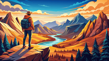 A man in outdoor gear standing on a high cliff, overlooking a breathtaking panoramic view of mountains and rivers below, under a bright sky, capturing the essence of travel, courage, and discovery