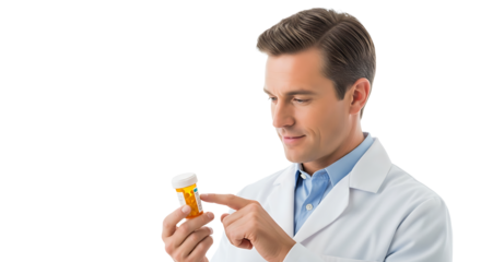 Doctor in white coat reviewing a bottle of prescription medication, ensuring accuracy of the contents for patient care.