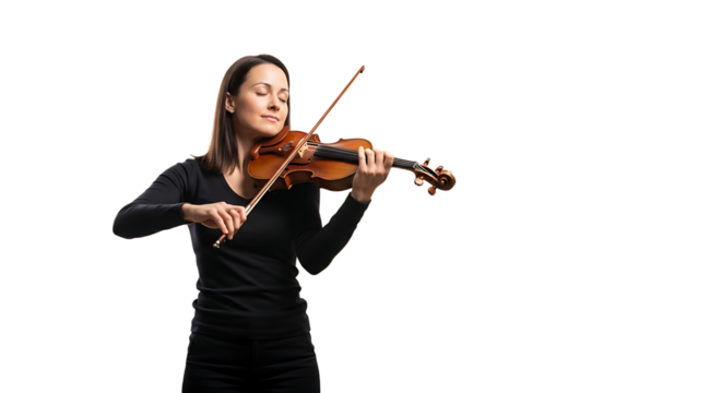 A graceful musician fully absorbed in playing a beautiful violin with passionate and expressive emotion. She exudes musical passion.