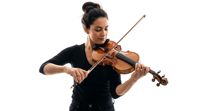 A poised woman, hair in a bun, gently playing a light brown violin. Her attention is fully immersed in the music.