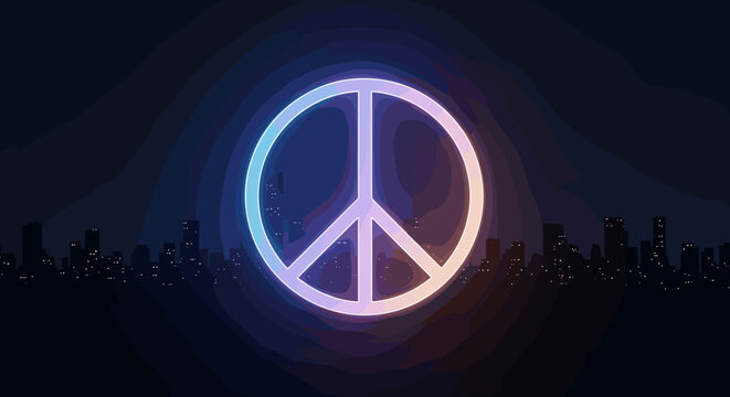Illuminated peace symbol glowing against a dark city skyline, evoking a sense of calm and solidarity.