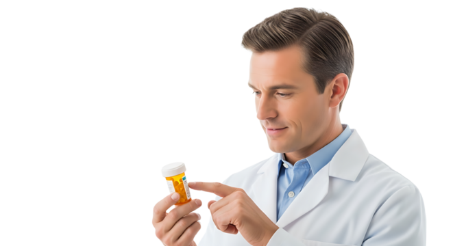 Doctor in white coat reviewing a bottle of prescription medication, ensuring accuracy of the contents for patient care.