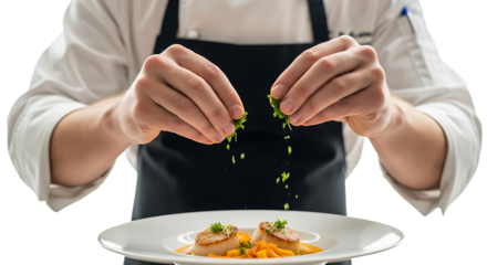 A chef delicately garnishes seared scallops with fresh herbs, adding a touch of culinary artistry to the gourmet dish.