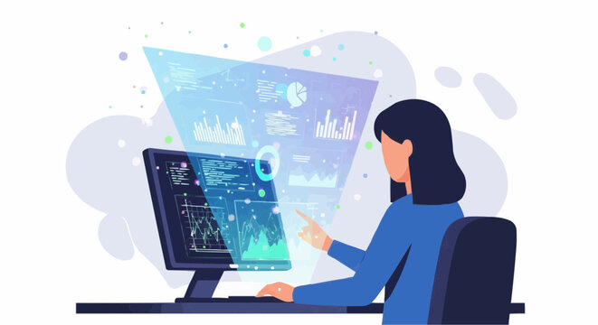 Woman analyzing data on computer screen with floating charts and graphs in a modern office setting shown