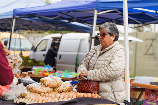 Chilean woman shopping at a bustling vibrant fair