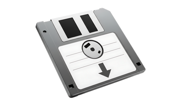 A 3.5-inch floppy disk with a sliding write protection tab, a central label area, and a gray plastic case, isolated.