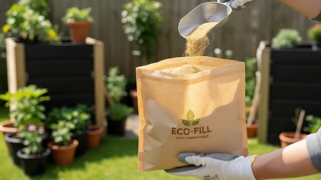 Medium shot of compostable packaging being filled with sand highlighting ecofriendly materials designed to break down naturally and reduce landfill waste.