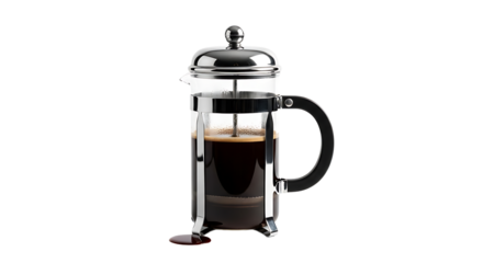 A French press with dark coffee, ready to be served, shows the simplicity of traditional coffee brewing method.