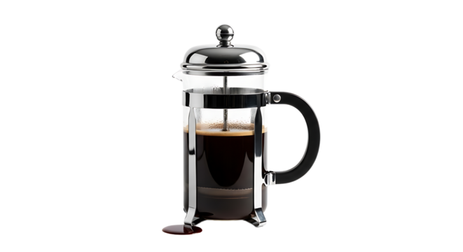 A French press with dark coffee, ready to be served, shows the simplicity of traditional coffee brewing method.