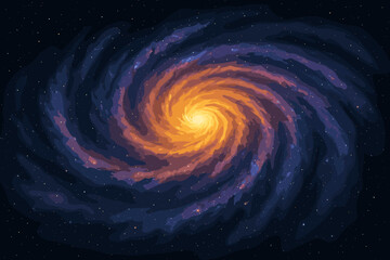 Vibrant spiral galaxy in space with glowing orange center and swirling blue and purple arms dotted with stars.