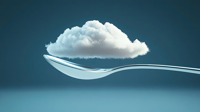 single cloud rests delicately on shiny spoon, creating whimsical and imaginative scene. contrast between soft cloud and sleek metal evokes sense of wonder and creativity
