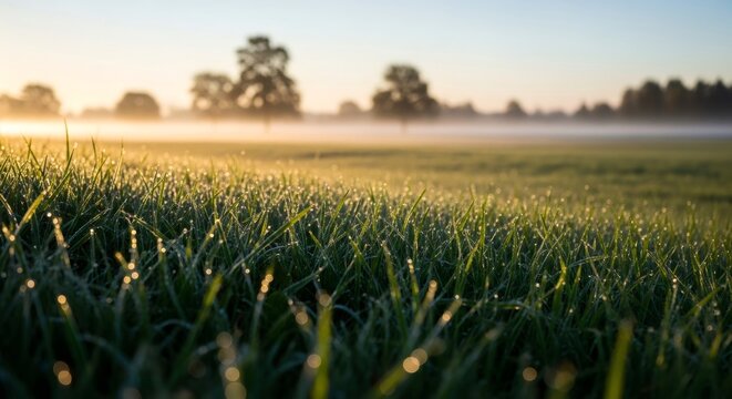 Green grass in field with dew drops at sunrise. Morning mist over meadow land. Natural background for spring.