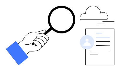 Hand holding magnifying glass inspecting a document with profile details near a cloud. Ideal for recruitment, research, data analysis, inspection, verification, cloud review, simple flat metaphor