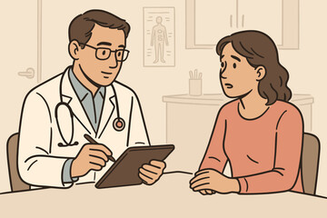 Male doctor with a stethoscope consults a concerned caucasian female patient using a digital tablet in a medical office setting.