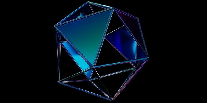 Abstract iridescent icosphere on a black background, colorful crystal, 3D render