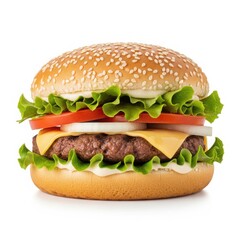 Burger with sesame seed bun cheese lettuce tomato onion and patty