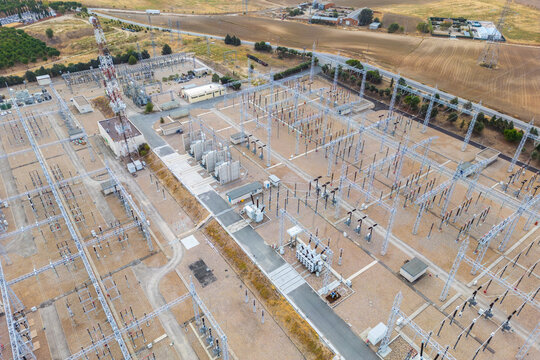 Aerial view of a sprawling modern power station landscape